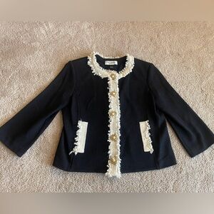 St. John Black Knit Jacket with Ivory Ribbon Trim and Gold Buttons
